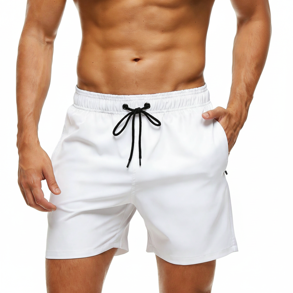 Solid Polyester Swim Trunks With Zip Pocket Drawstring 