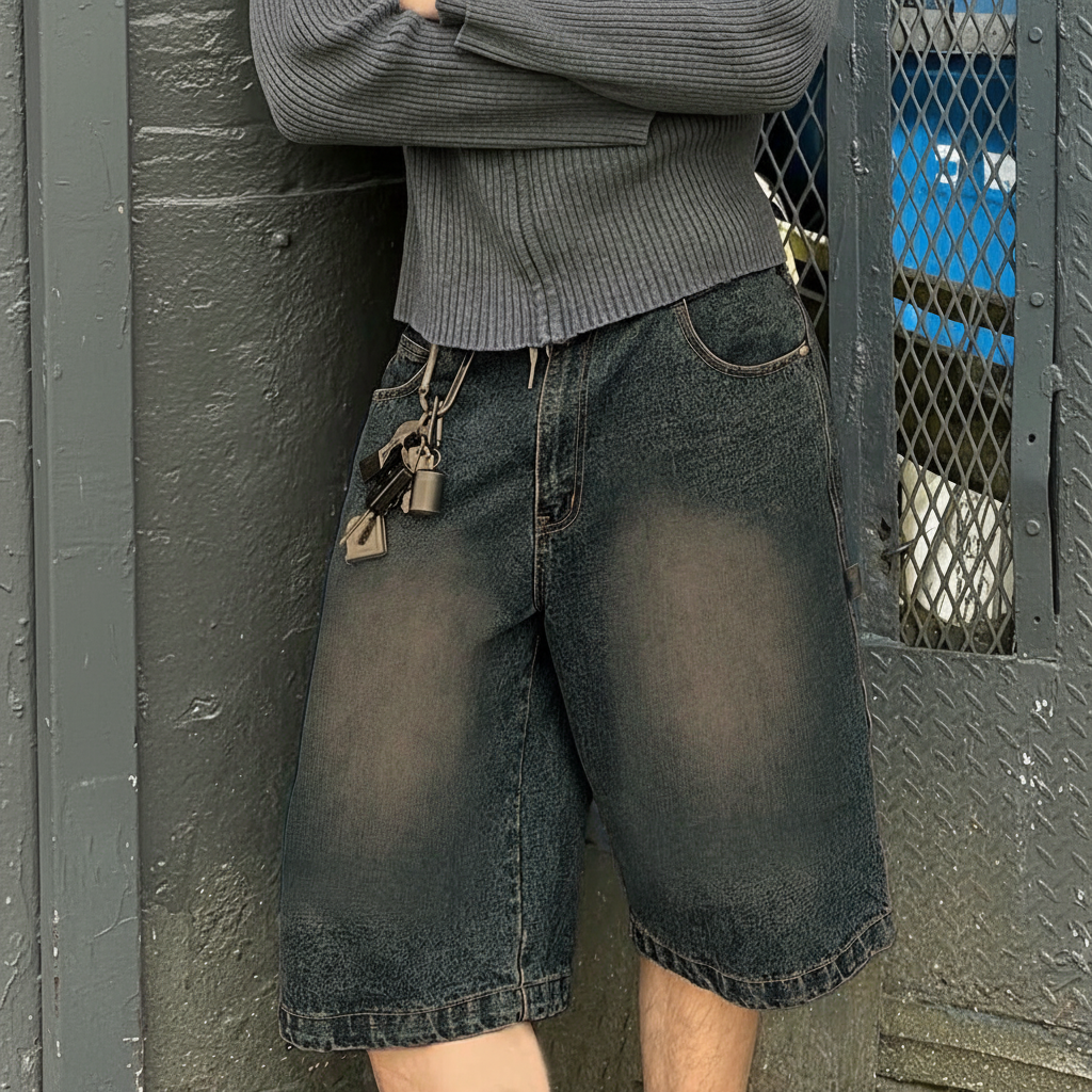 Emo Style Loose Fit Denim Bermuda Shorts For Men