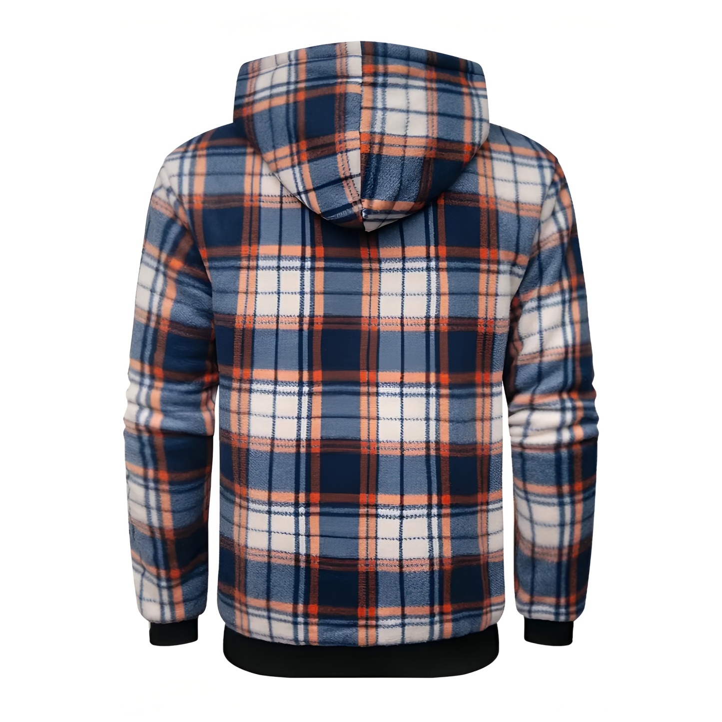 Full Zip Hooded Jacket for Men with Sherpa Lining and Plaid Design