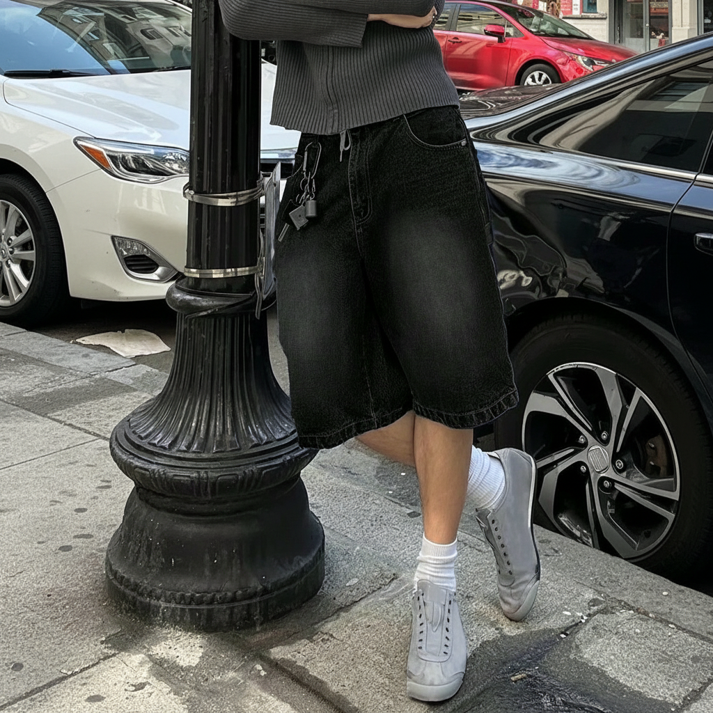 Emo Style Loose Fit Denim Bermuda Shorts For Men