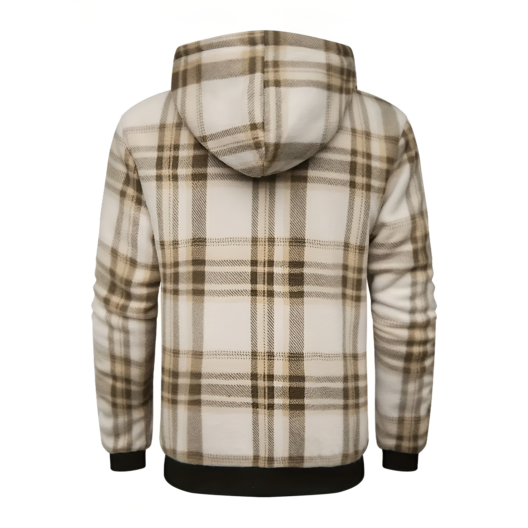 Full Zip Hooded Jacket for Men with Sherpa Lining and Plaid Design