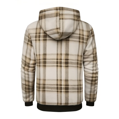 Full Zip Hooded Jacket for Men with Sherpa Lining and Plaid Design