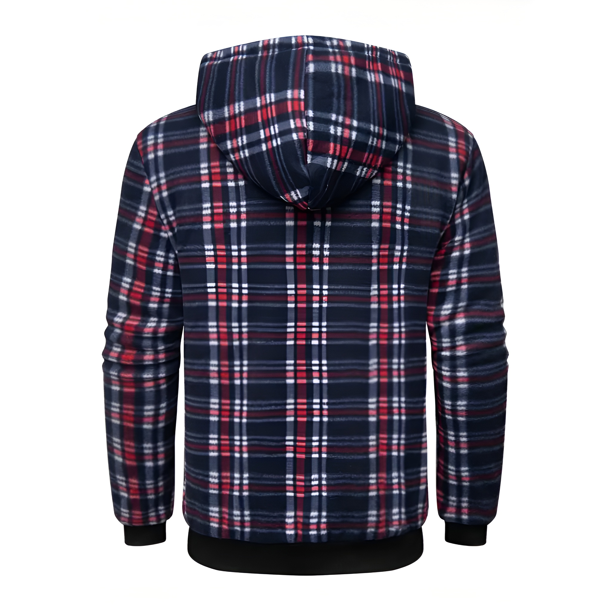 Full Zip Hooded Jacket for Men with Sherpa Lining and Plaid Design