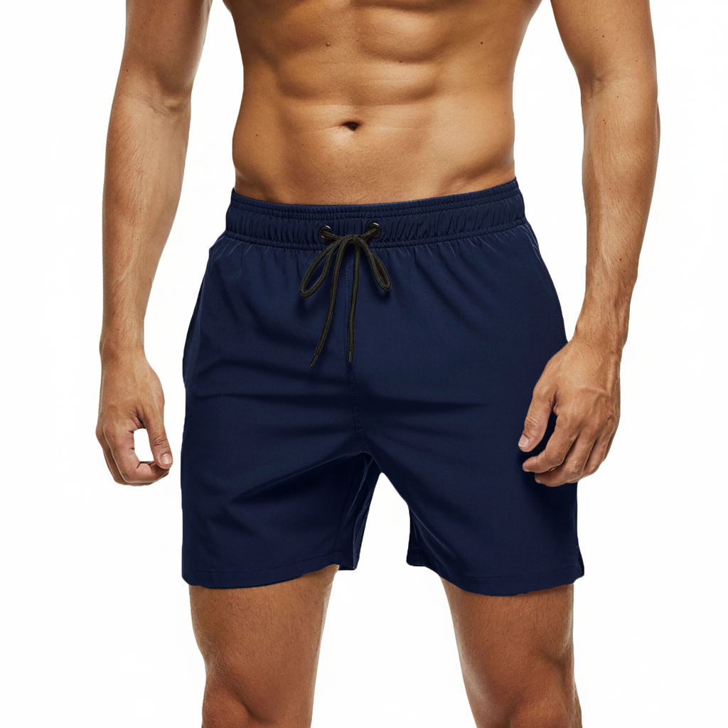 Solid Polyester Swim Trunks With Zip Pocket Drawstring 