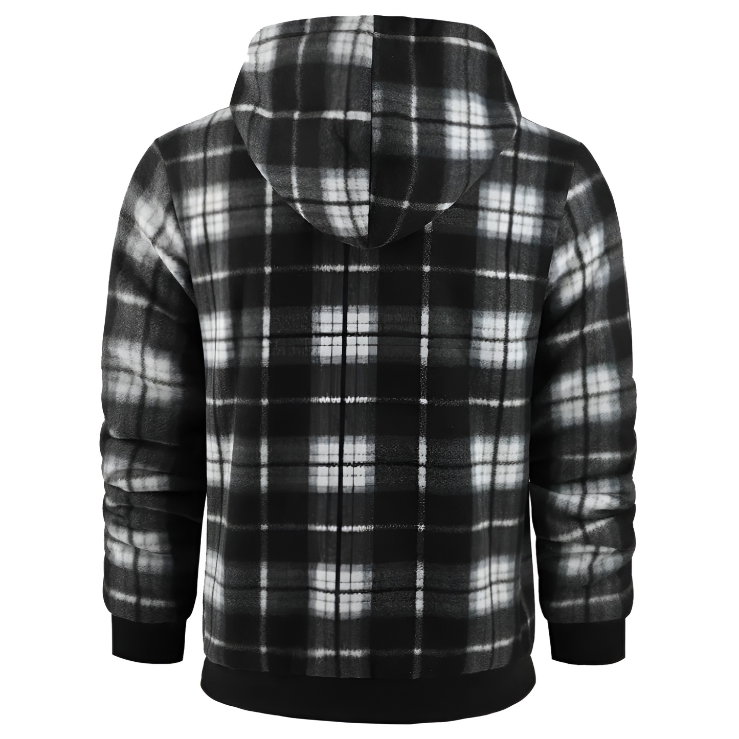 Full Zip Hooded Jacket for Men with Sherpa Lining and Plaid Design