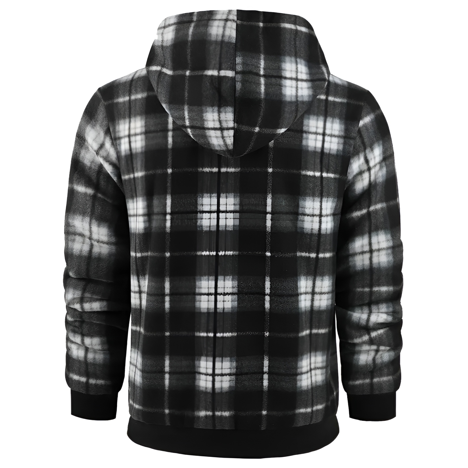Full Zip Hooded Jacket for Men with Sherpa Lining and Plaid Design