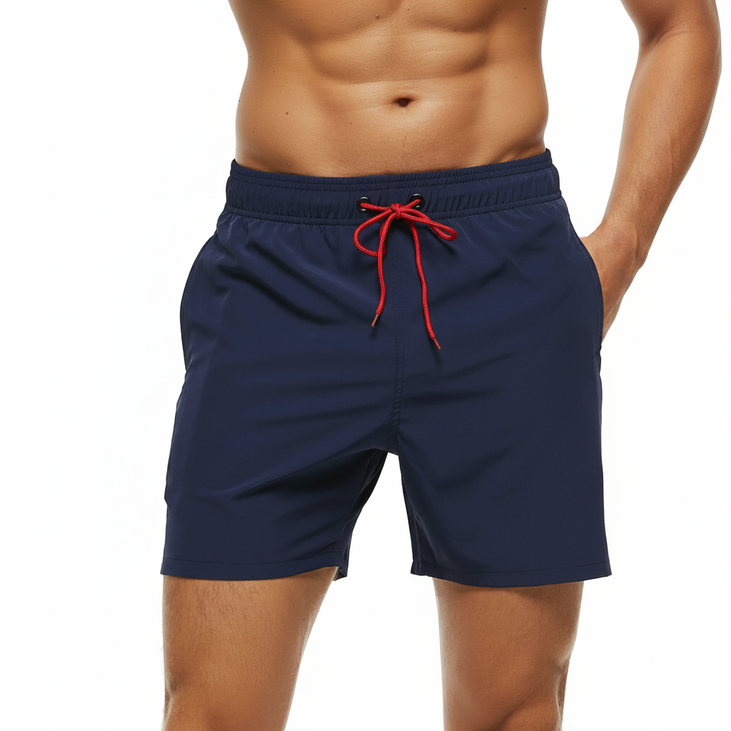 Solid Polyester Swim Trunks With Zip Pocket Drawstring 