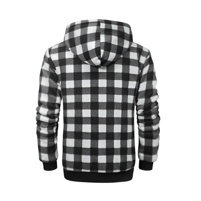 Full Zip Hooded Jacket for Men with Sherpa Lining and Plaid Design