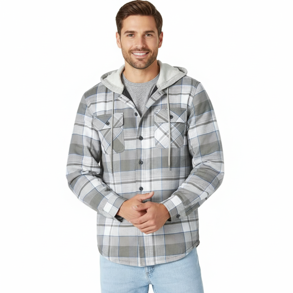 Men's Long Sleeve Quilted Lined Flannel Shirt Jacket with Hood
