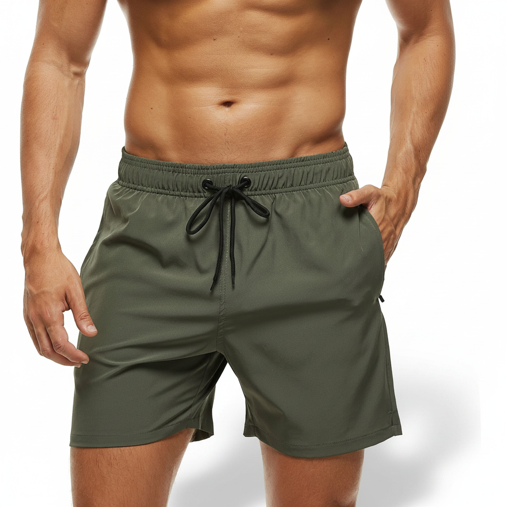 Solid Polyester Swim Trunks With Zip Pocket Drawstring 