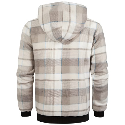Full Zip Hooded Jacket for Men with Sherpa Lining and Plaid Design