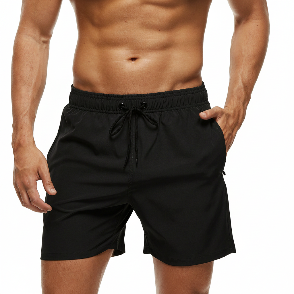 Solid Polyester Swim Trunks With Zip Pocket Drawstring 