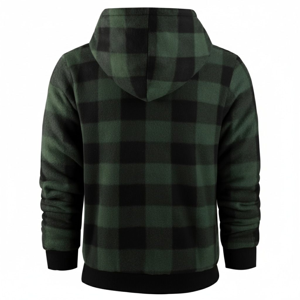 Full Zip Hooded Jacket for Men with Sherpa Lining and Plaid Design