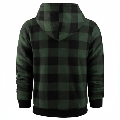 Full Zip Hooded Jacket for Men with Sherpa Lining and Plaid Design