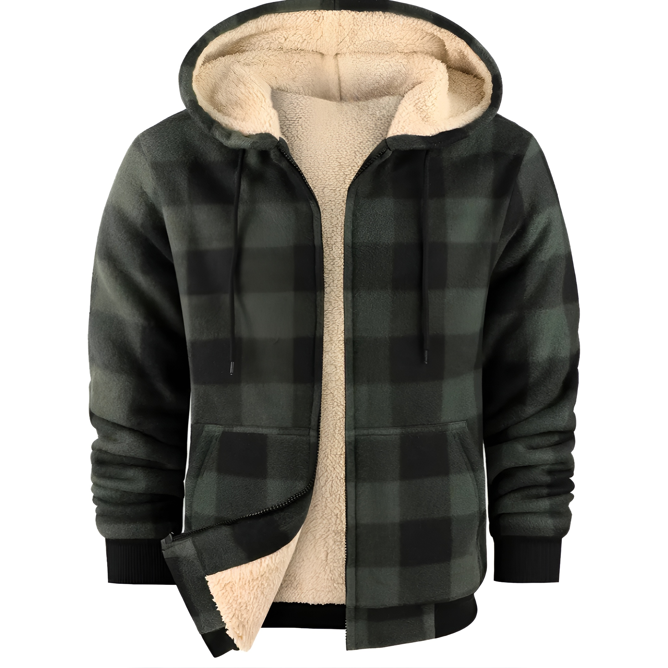 Full Zip Hooded Jacket for Men with Sherpa Lining and Plaid Design