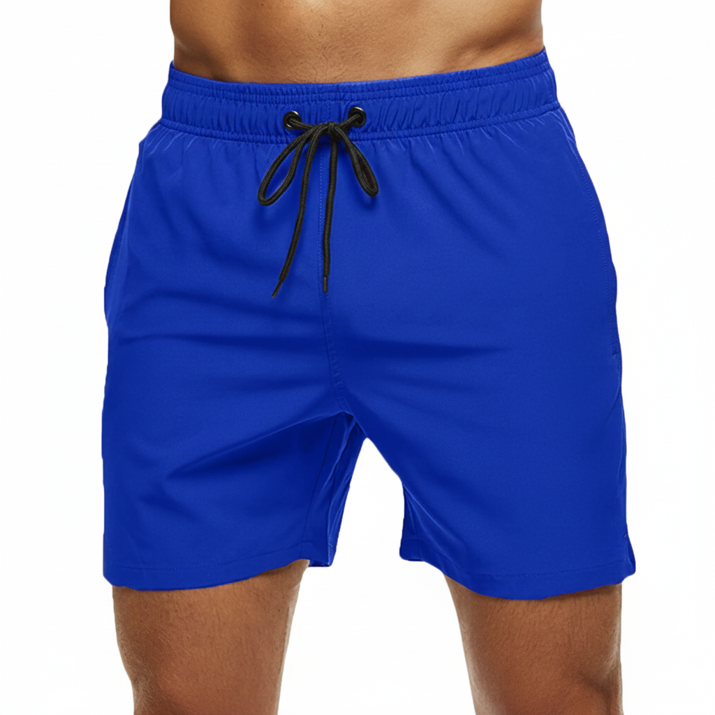 Solid Polyester Swim Trunks With Zip Pocket Drawstring 