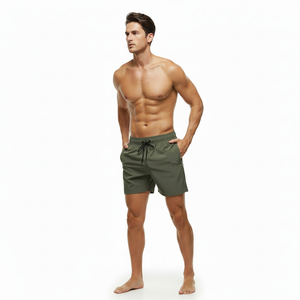 Solid Polyester Swim Trunks With Zip Pocket Drawstring 
