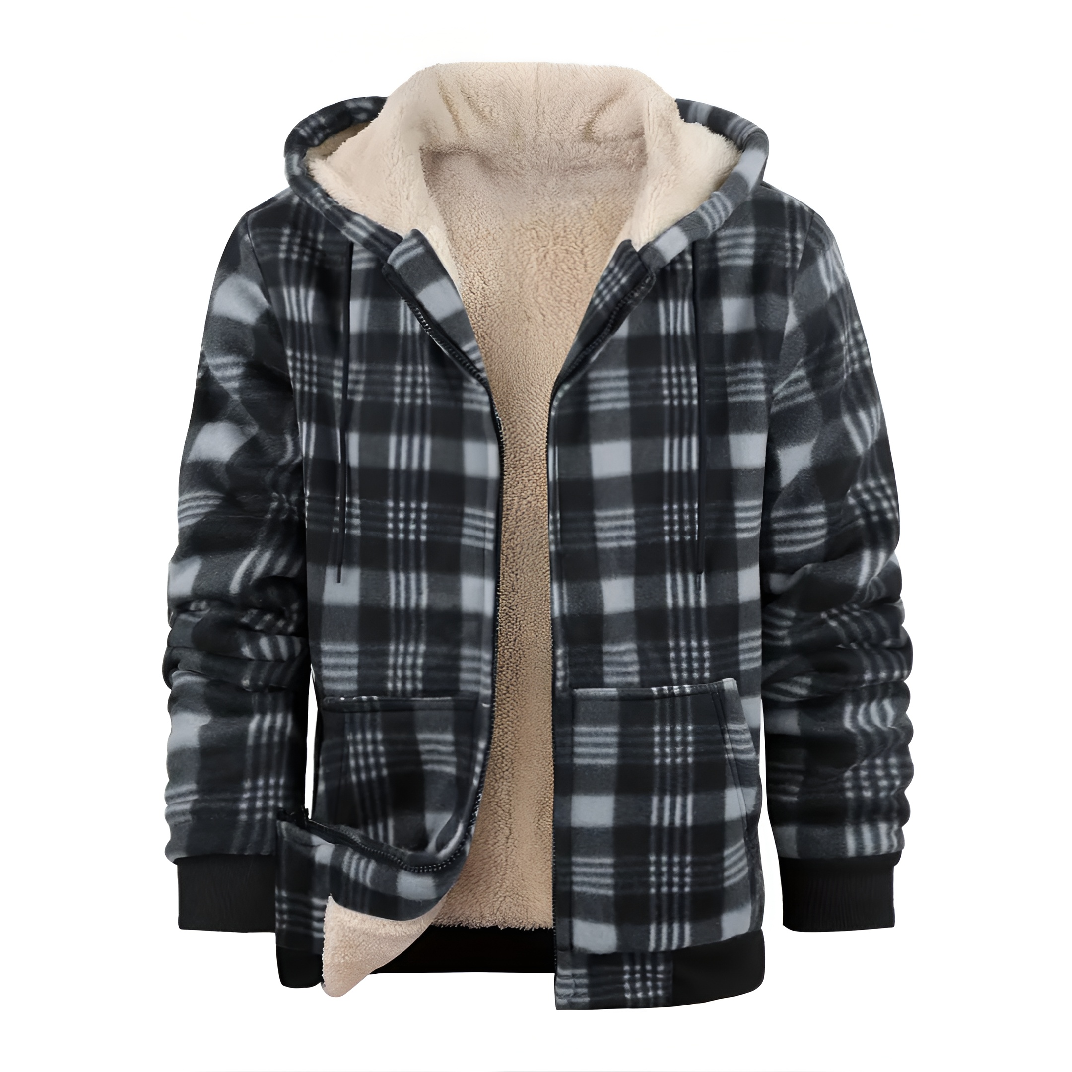 Full Zip Hooded Jacket for Men with Sherpa Lining and Plaid Design
