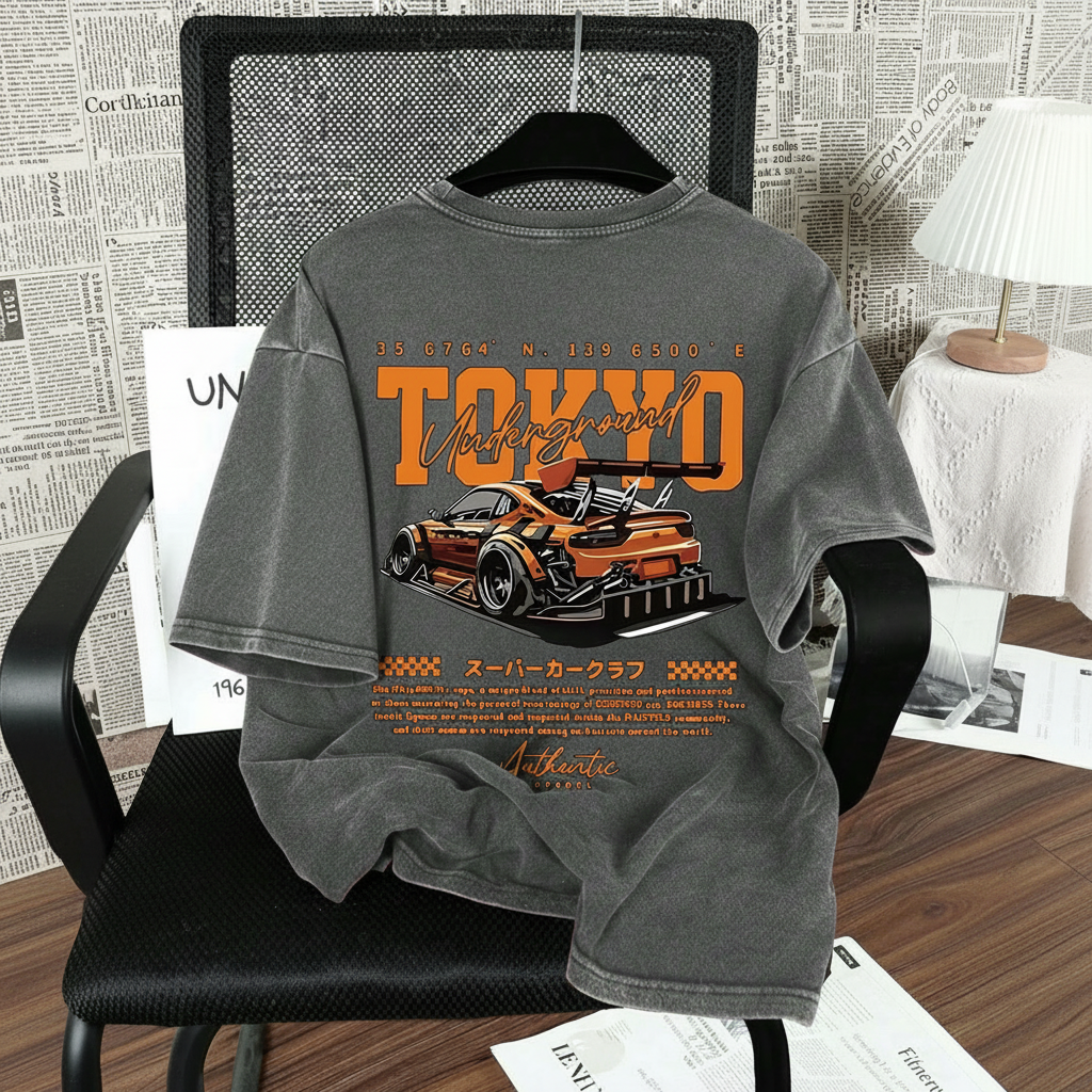 Racing Themed Slim Washed Vintage Short Sleeve T Shirt For Men