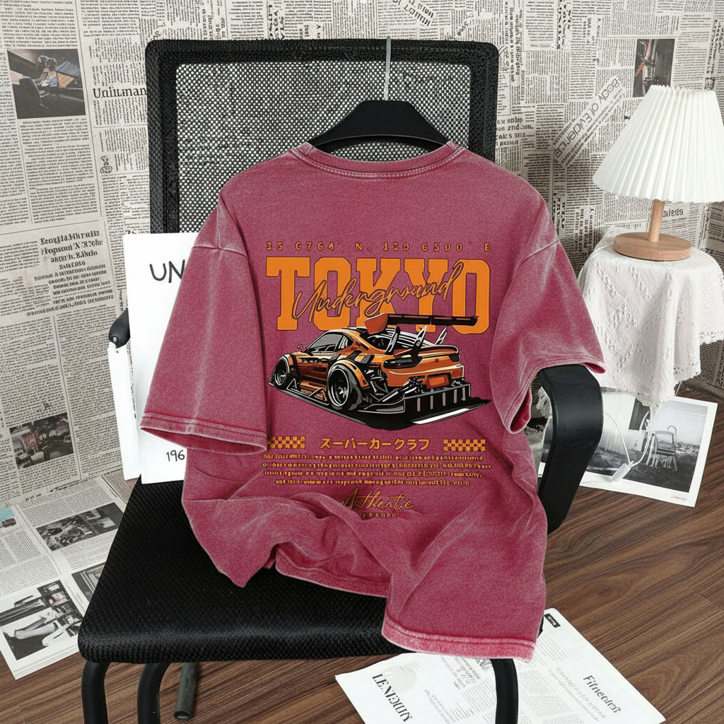 Racing Themed Slim Washed Vintage Short Sleeve T Shirt For Men