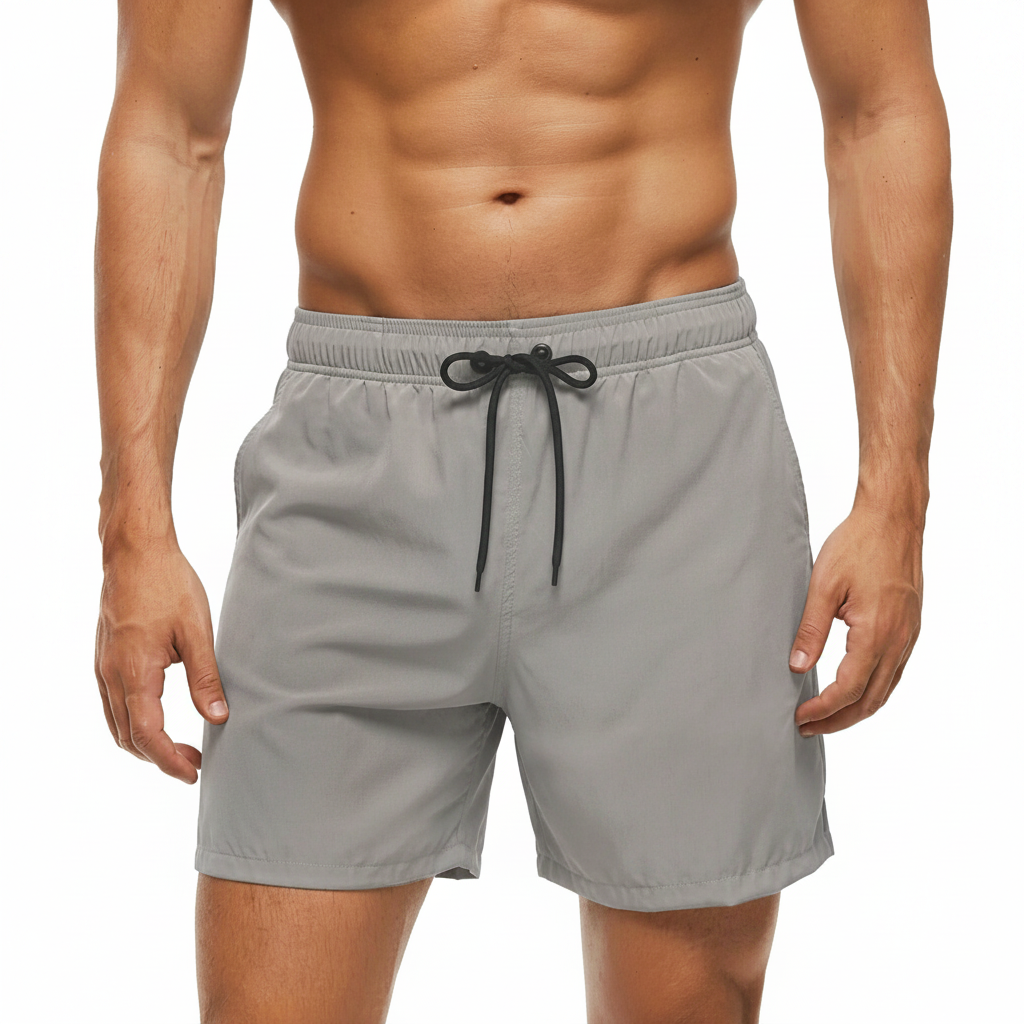 Solid Polyester Swim Trunks With Zip Pocket Drawstring 
