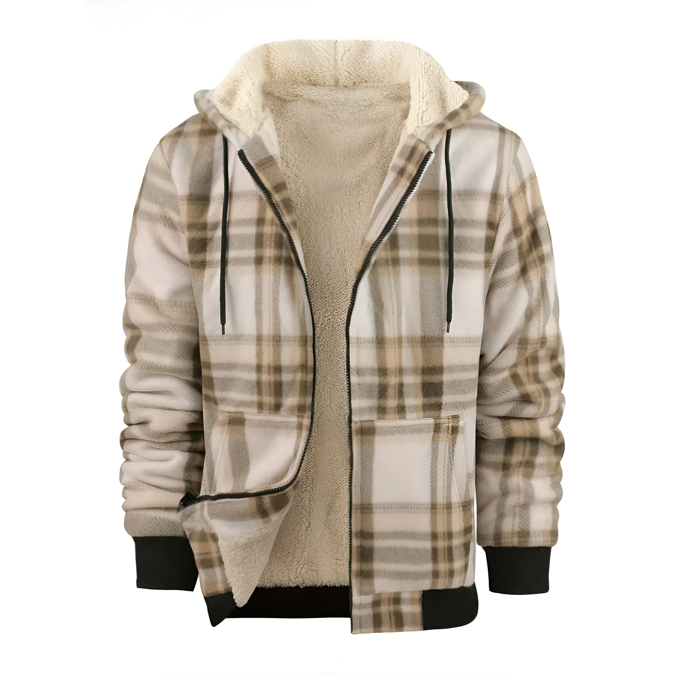 Full Zip Hooded Jacket for Men with Sherpa Lining and Plaid Design