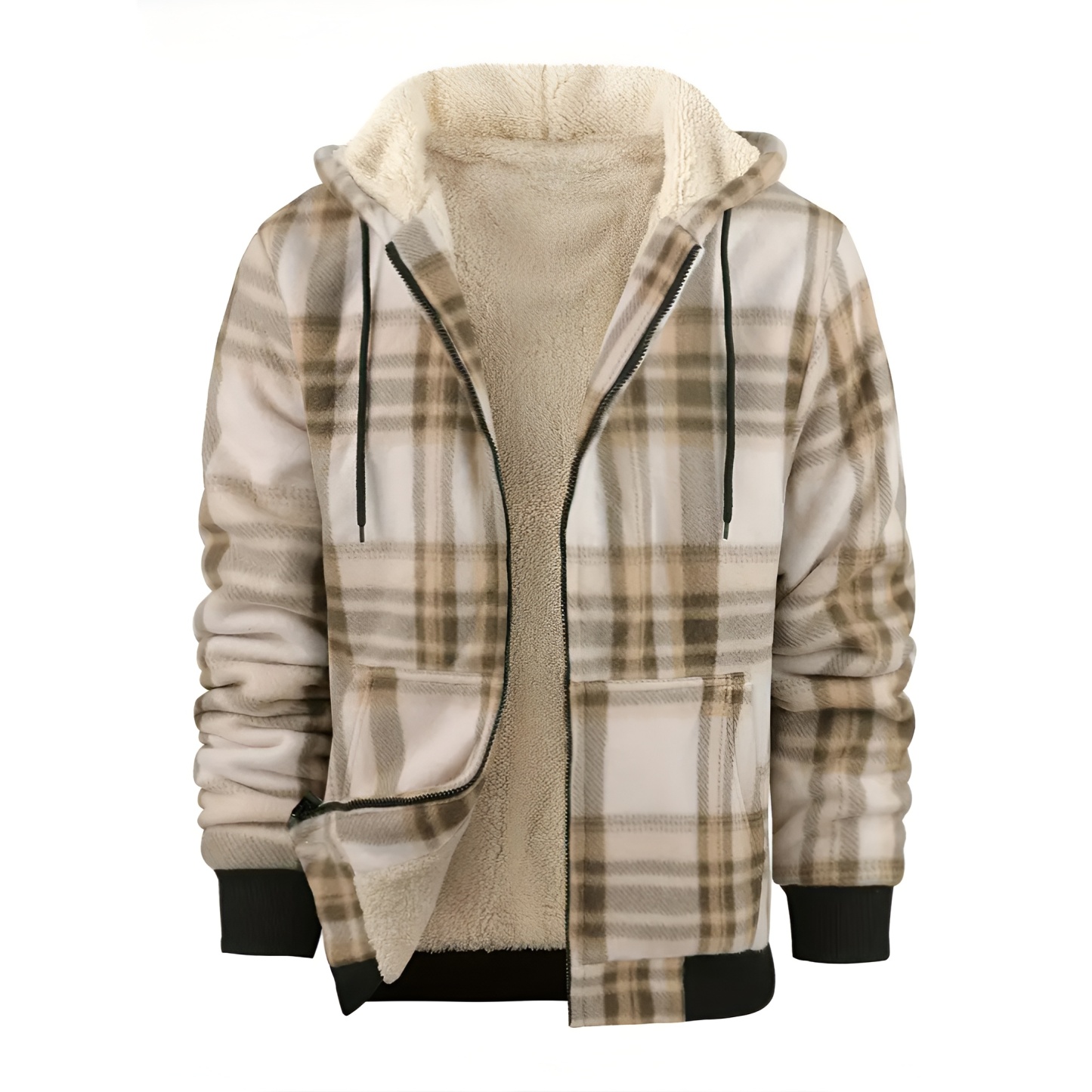 Full Zip Hooded Jacket for Men with Sherpa Lining and Plaid Design