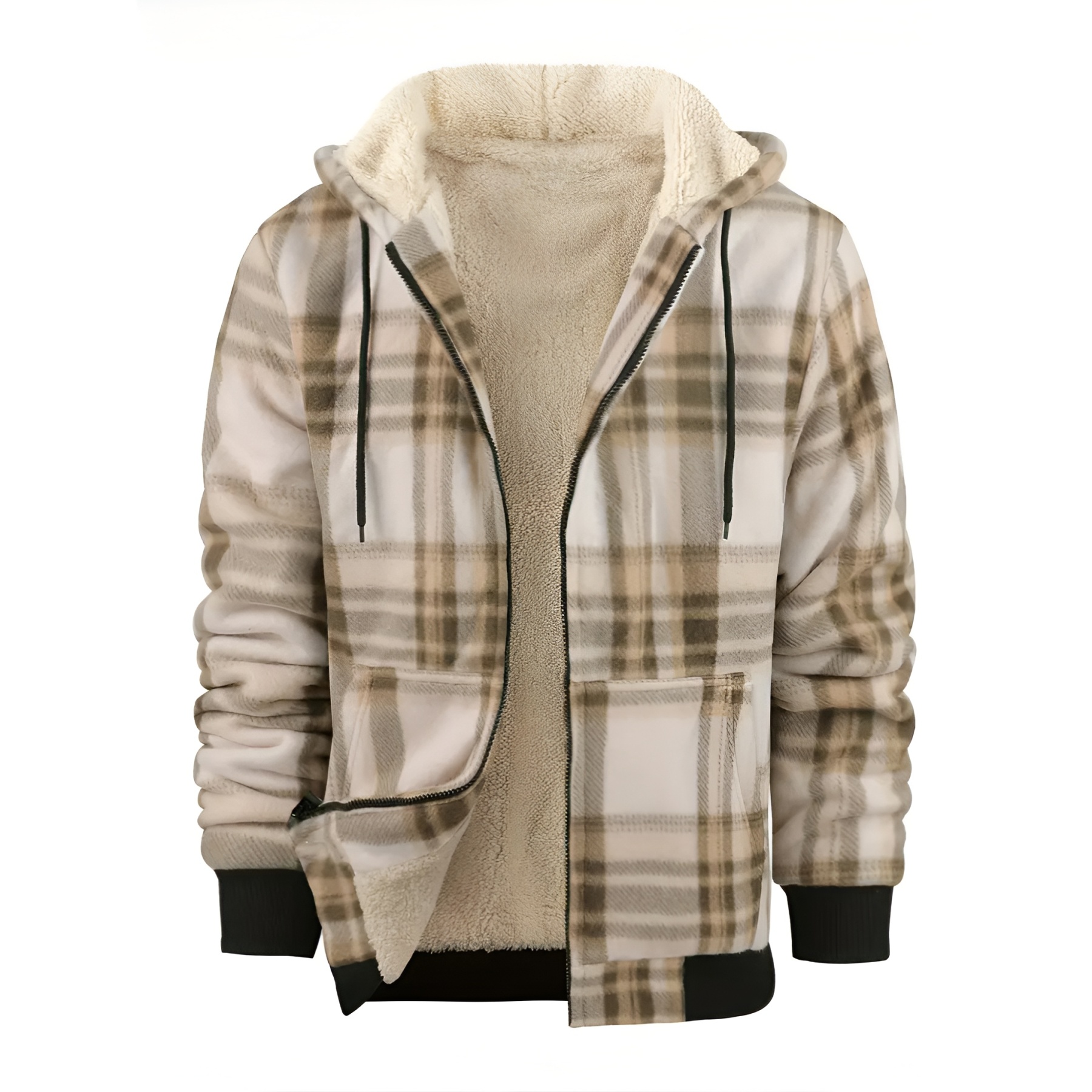 Full Zip Hooded Jacket for Men with Sherpa Lining and Plaid Design