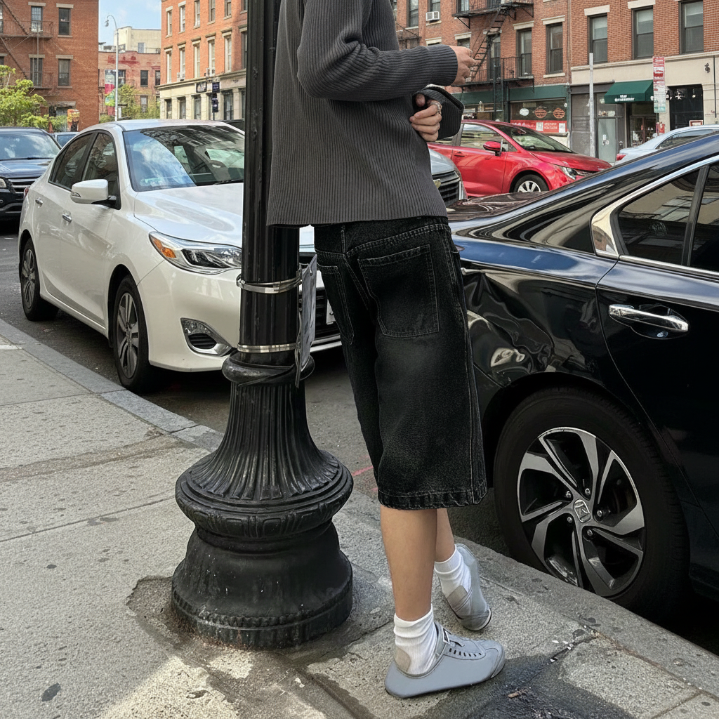 Emo Style Loose Fit Denim Bermuda Shorts For Men