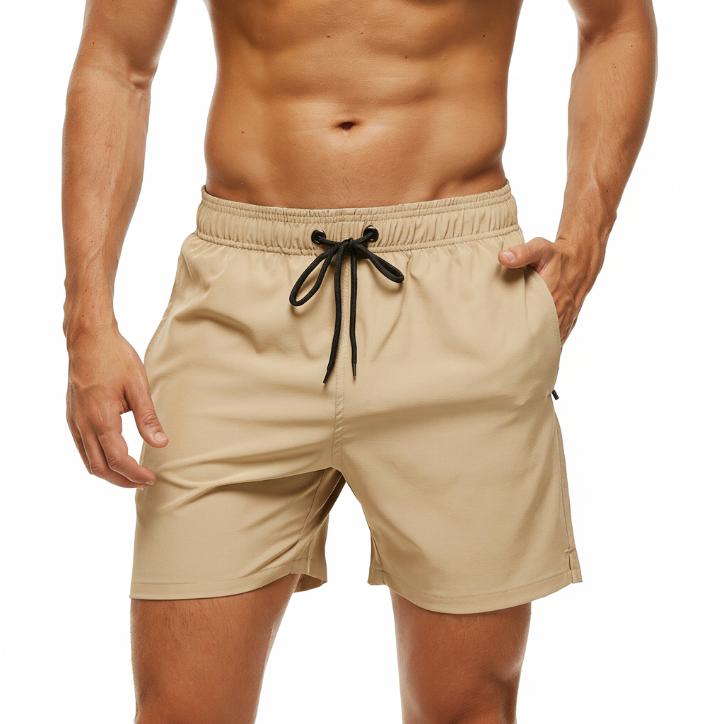 Solid Polyester Swim Trunks With Zip Pocket Drawstring 