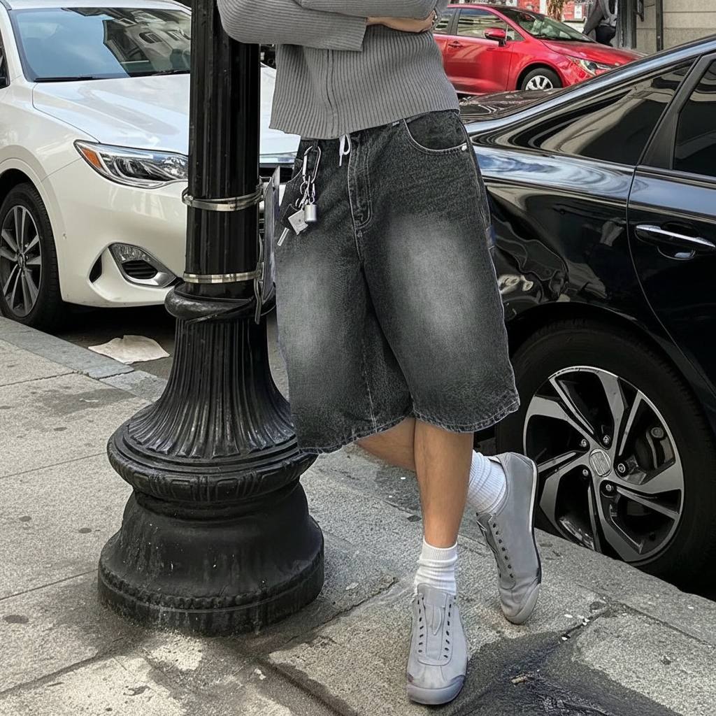 Emo Style Loose Fit Denim Bermuda Shorts For Men