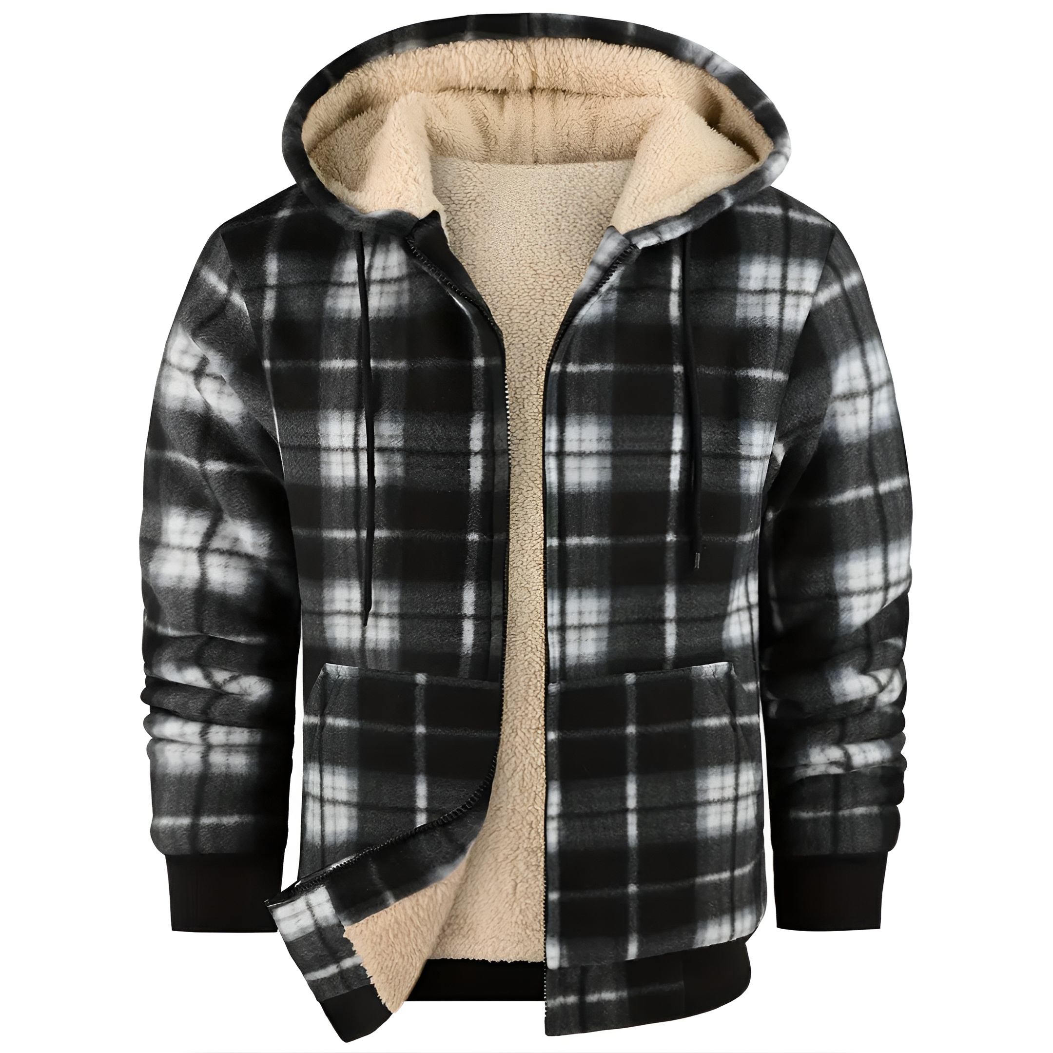 Full Zip Hooded Jacket for Men with Sherpa Lining and Plaid Design