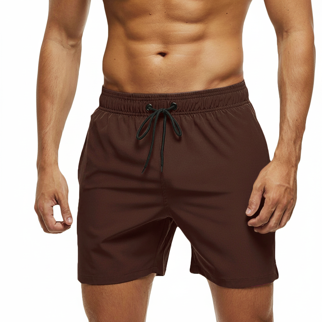 Solid Polyester Swim Trunks With Zip Pocket Drawstring 