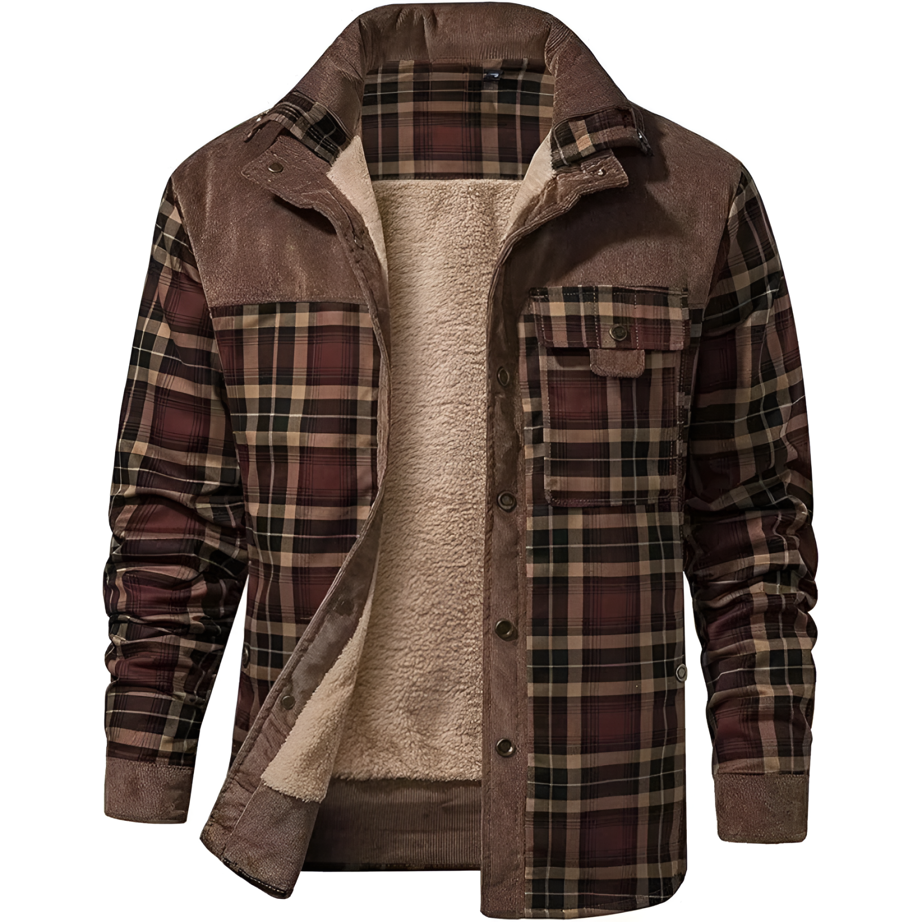 Fleece Lined Plaid Shirt Style Jacket For Men