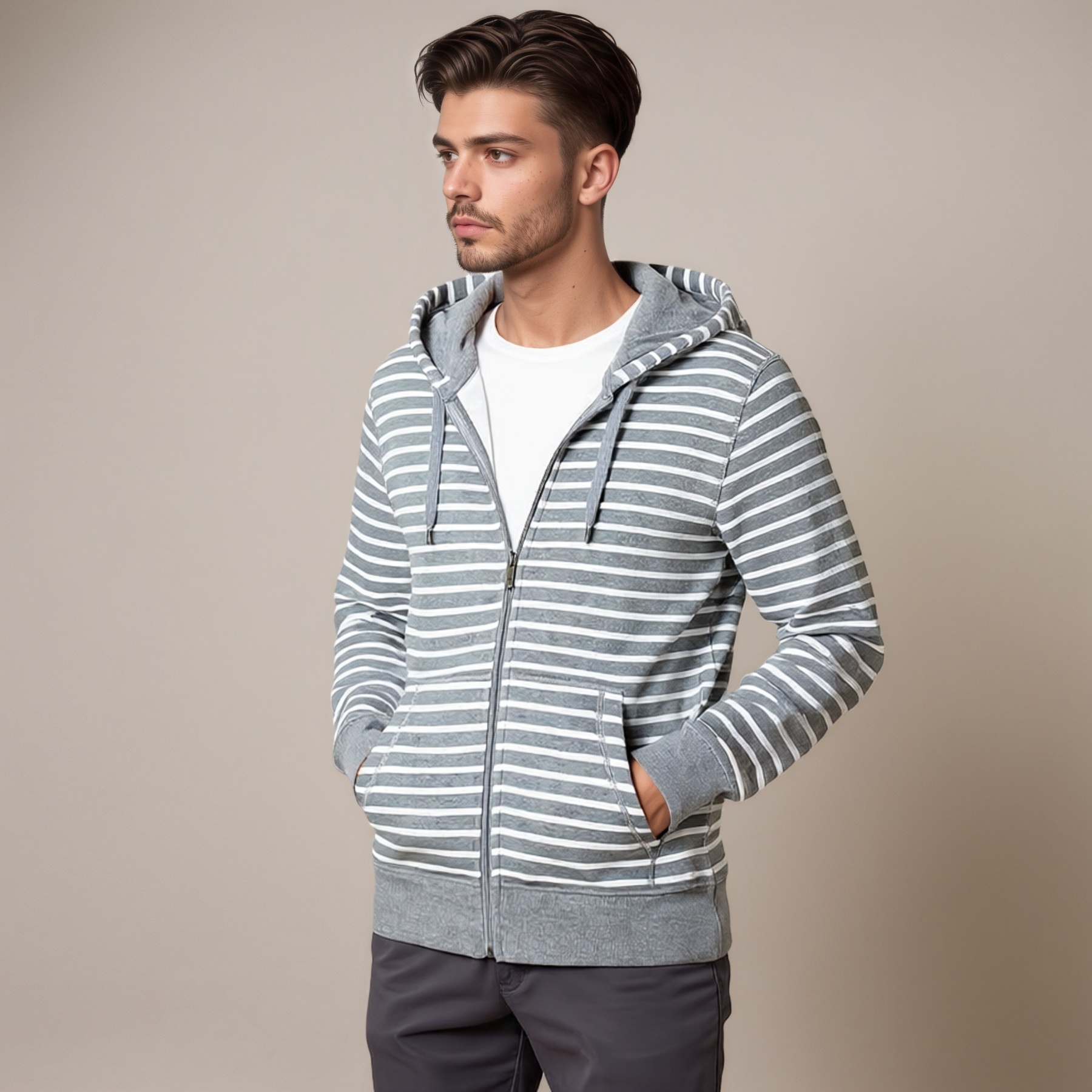 Striped Fleece Zip Hoodie for Men
