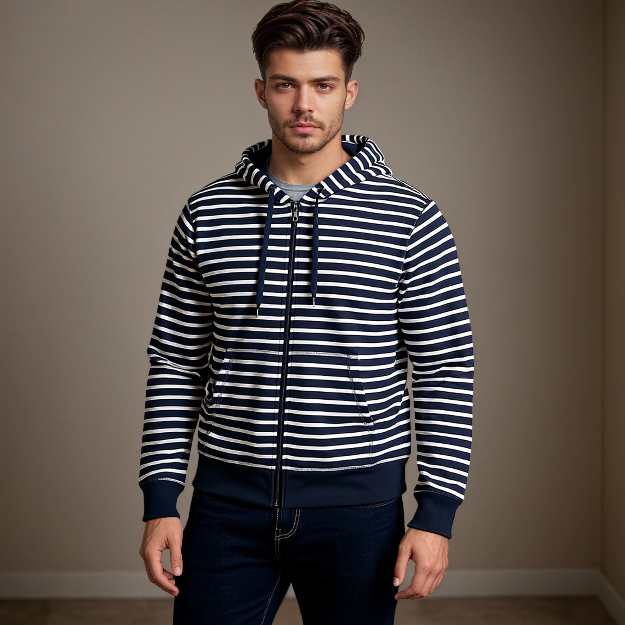 Striped Fleece Zip Hoodie for Men