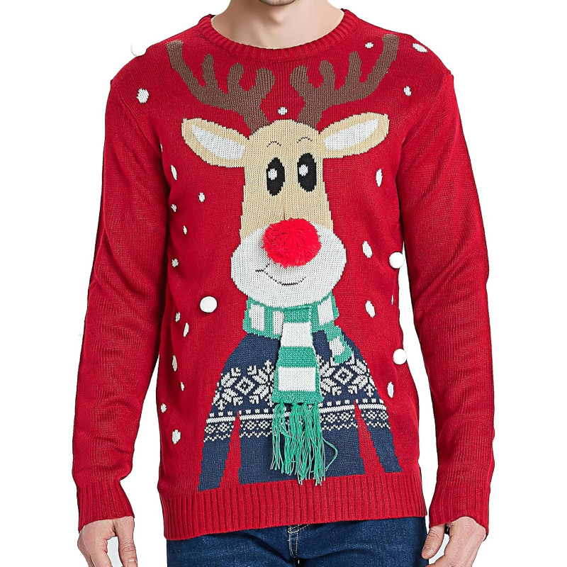 Men's Christmas Rudolph Reindeer Holiday Festive Knitted Sweater Cardigan Cute Ugly Pullover Jumper