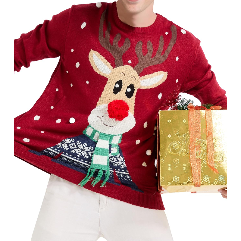 Men's Christmas Rudolph Reindeer Holiday Festive Knitted Sweater Cardigan Cute Ugly Pullover Jumper