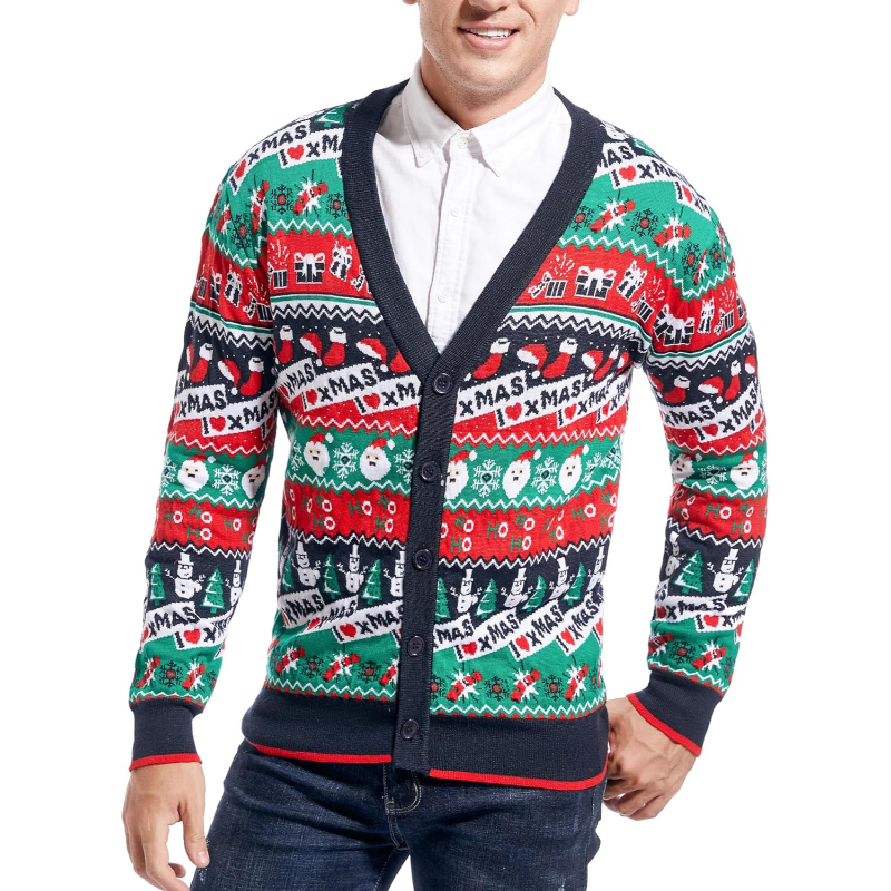 Men's Christmas Rudolph Reindeer Holiday Festive Knitted Sweater Cardigan Cute Ugly Pullover Jumper