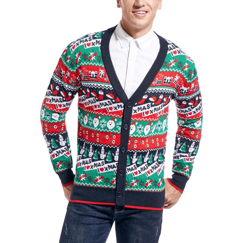 Men's Christmas Rudolph Reindeer Holiday Festive Knitted Sweater Cardigan Cute Ugly Pullover Jumper