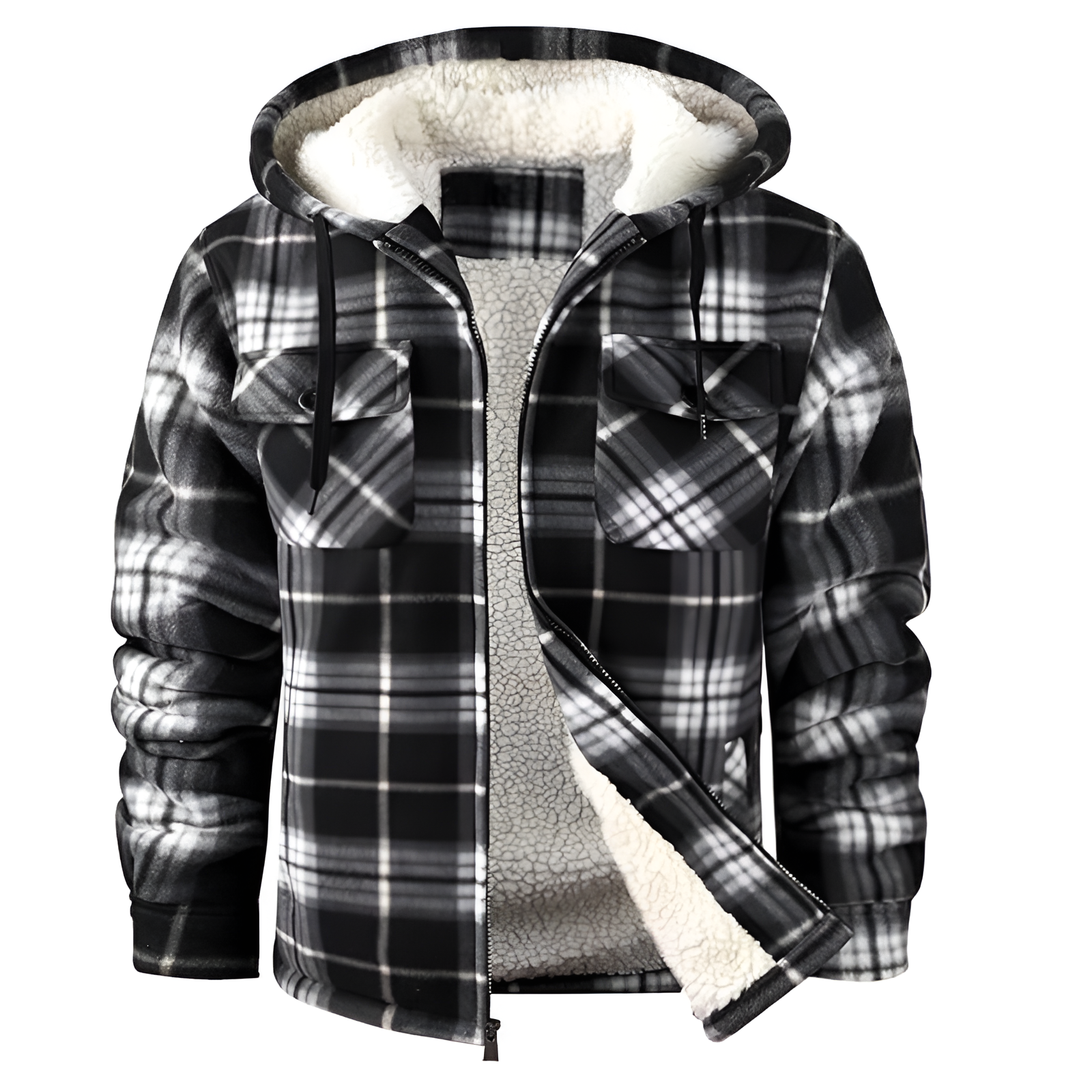 Men Flannel Hooded Jacket Fleece Sherpa Lined Plaid Shirts Jackets Zip Up Sweatshirt Hoodies for Men with 4 Pockets