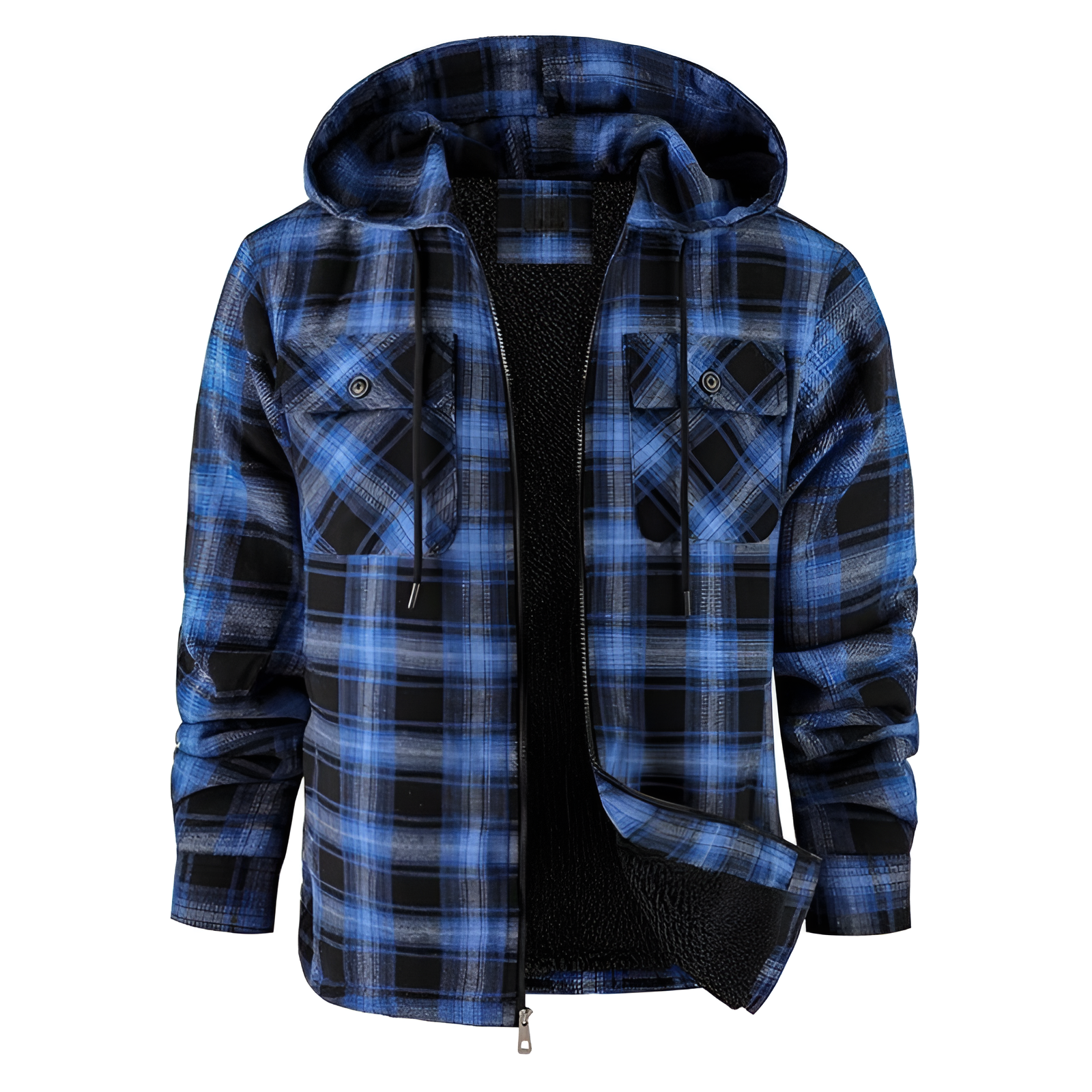Men Flannel Hooded Jacket Fleece Sherpa Lined Plaid Shirts Jackets Zip Up Sweatshirt Hoodies for Men with 4 Pockets