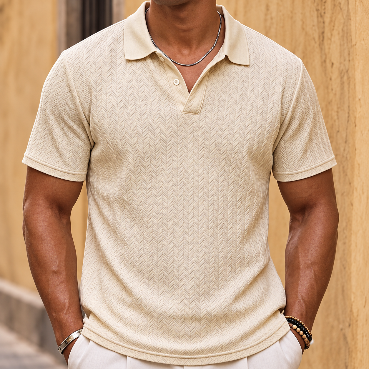 Textured Knit Johnny Collar Polo Shirt With Short Sleeves For Men