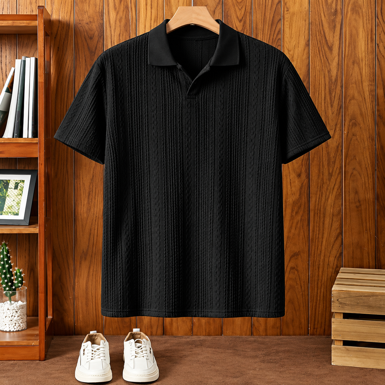 Textured Knit Johnny Collar Polo Shirt With Short Sleeves For Men