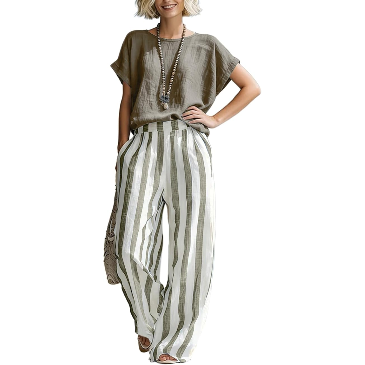 2 Piece Lounge Set with Short Sleeve Top and Striped Pants For Women