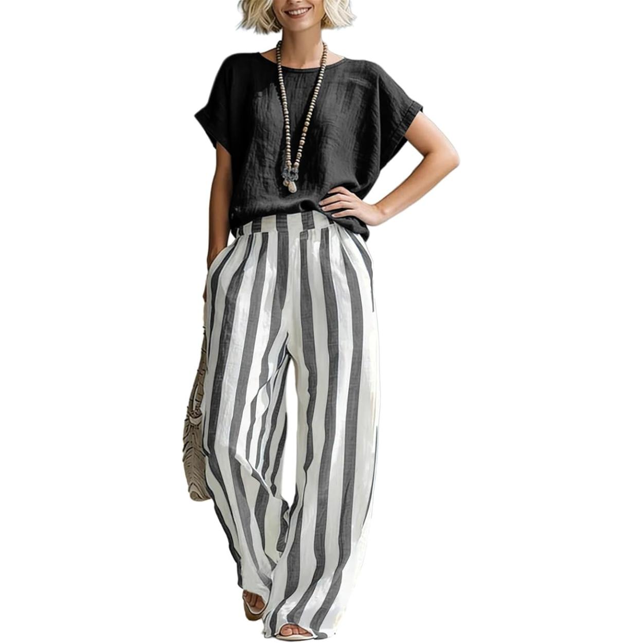 2 Piece Lounge Set with Short Sleeve Top and Striped Pants For Women