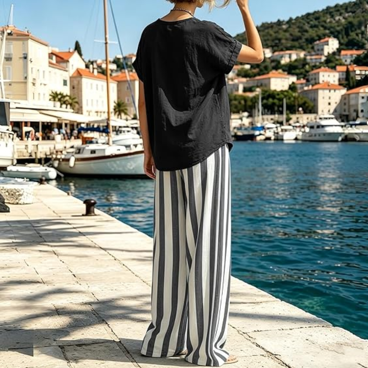2 Piece Lounge Set with Short Sleeve Top and Striped Pants For Women