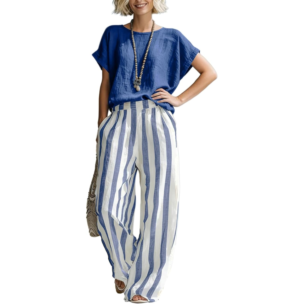 2 Piece Lounge Set with Short Sleeve Top and Striped Pants For Women