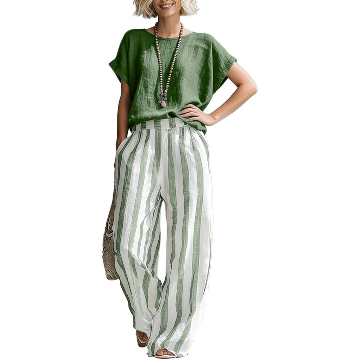 2 Piece Lounge Set with Short Sleeve Top and Striped Pants For Women