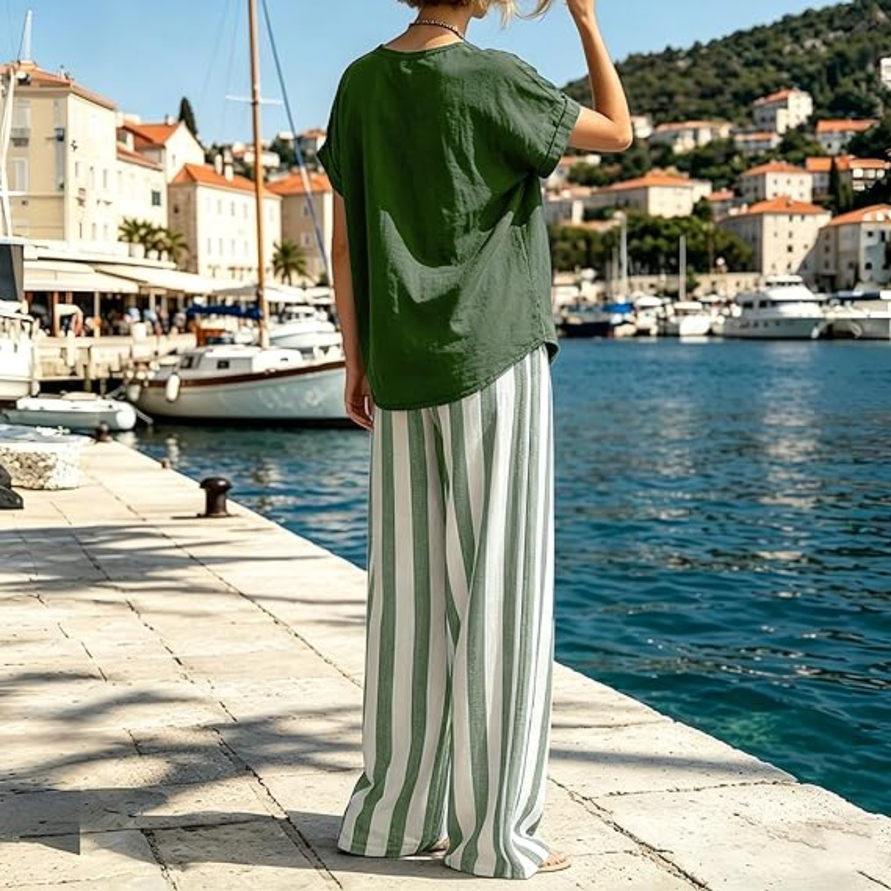 2 Piece Lounge Set with Short Sleeve Top and Striped Pants For Women